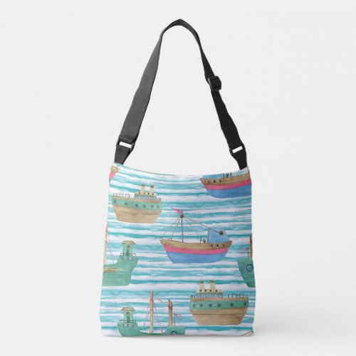 Boats Stripes Watercolor Painting Pattern Crossbody Bag