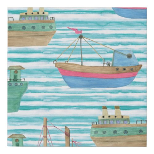 Boats Stripes Watercolor Painting Pattern Faux Canvas Print