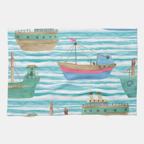 Boats Stripes Watercolor Painting Pattern Kitchen Towel