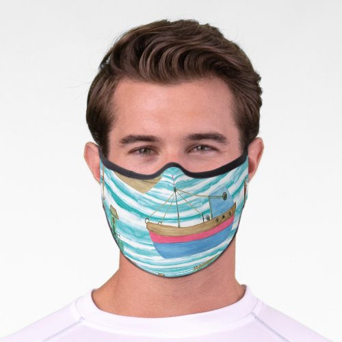 Boats Stripes Watercolor Painting Pattern Premium Face Mask