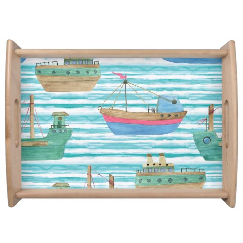 Boats Stripes Watercolor Painting Pattern Serving Tray