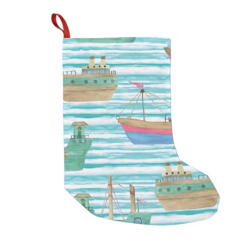 Boats Stripes Watercolor Painting Pattern Small Christmas Stocking