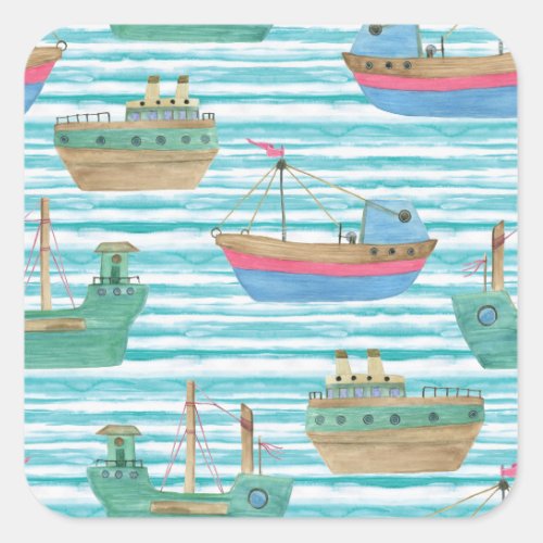 Boats Stripes Watercolor Painting Pattern Square Sticker