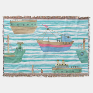Boats Stripes: Watercolor Painting Pattern. Throw Blanket