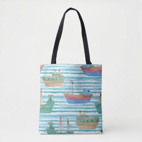 Boats Stripes Watercolor Painting Pattern Tote Bag