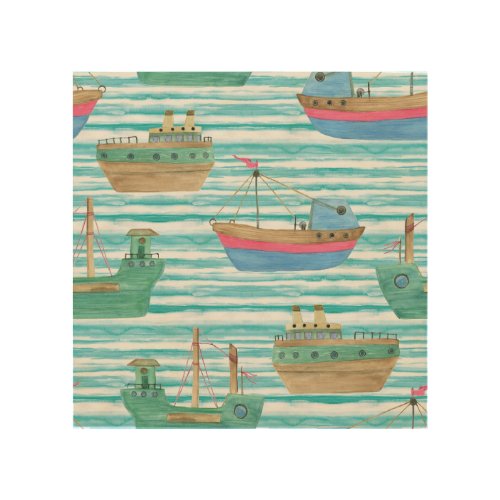 Boats Stripes Watercolor Painting Pattern Wood Wall Art