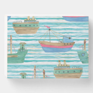 Boats Stripes: Watercolor Painting Pattern. Wooden Box Sign