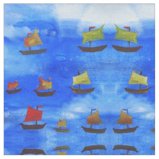 Boats watercolor Blue Sea Combed Cotton Fabric