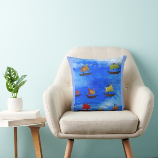 Boats watercolor Blue Sea Throw Cushion Zazzle