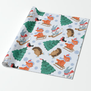 Bob-Sledding Forest Friends Christmas Snow Trees Wrapping Paper