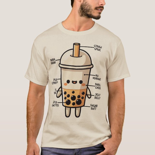 Boba Anatomy, Funny Bubble Tea Cute Kawaii Cartoon T-Shirt (Front)