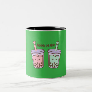 Boba Bestie Kawaii Bubble Tea Pastel Pink & Green Two-Tone Coffee Mug