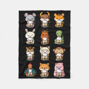 Boba Bubble Milk Tea Chinese Zodiacs Animal Lunar Fleece Blanket