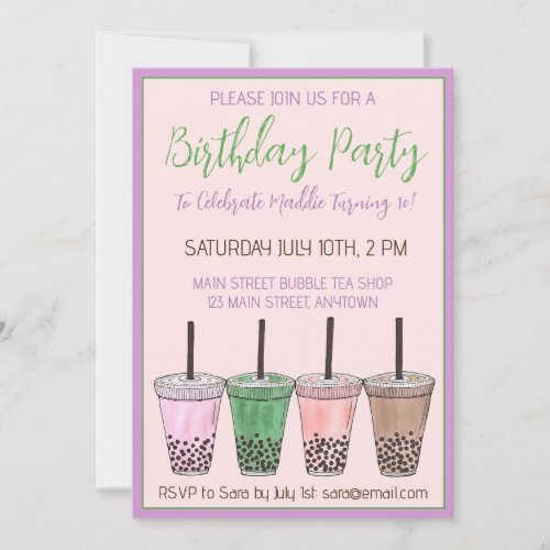 Boba Bubble Tapioca Pearl Milk Tea Birthday Party Invitation