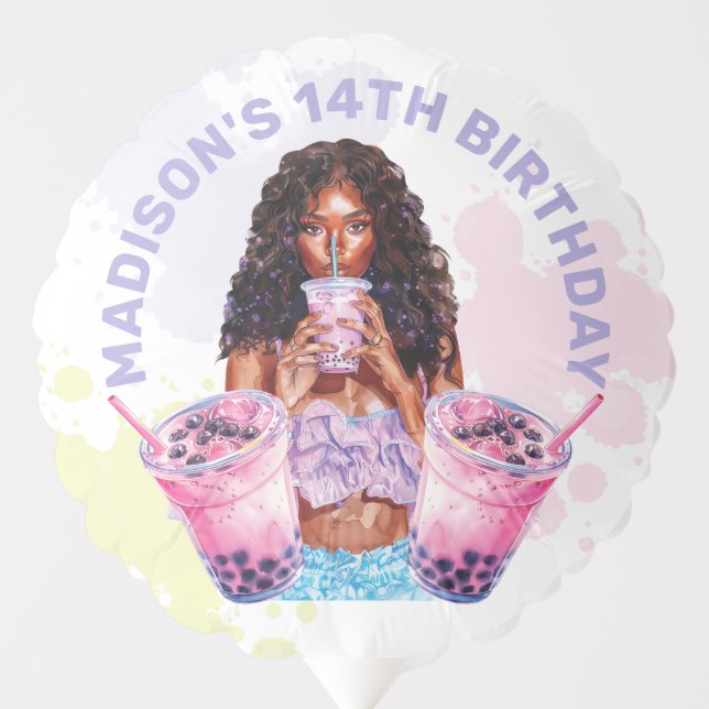 Boba Bubble Tea Afro Birthday Personalized Photo Balloon (Front)