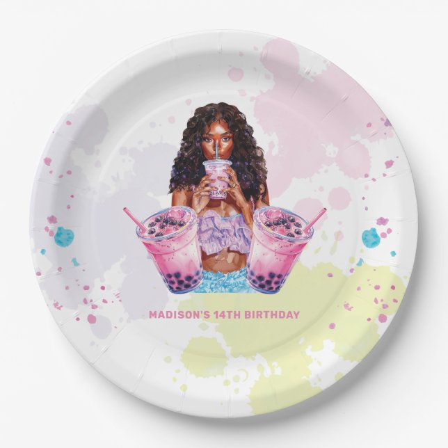 Boba Bubble Tea Birthday African American Paper Plates (Front)
