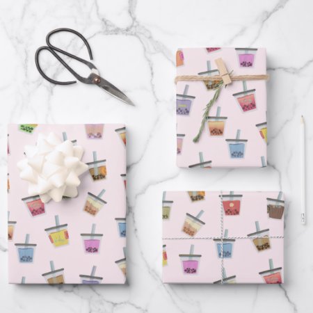 Boba Bubble Tea Colorful Kawaii Cute Pattern Wrapping Paper Sheets