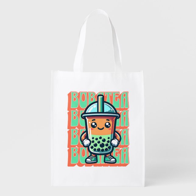 Boba Bubble Tea Kawaii Cute Cartoon Grocery Bag (Front)