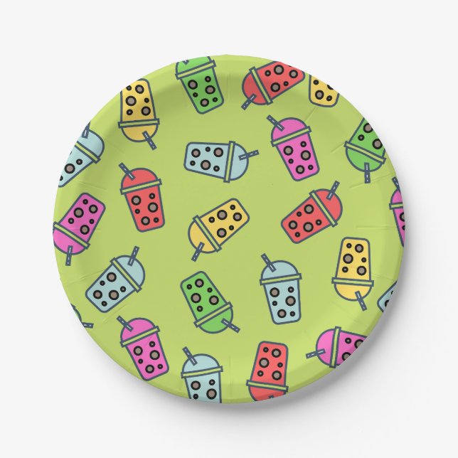 Boba Bubble Tea Pattern Paper Plates (Front)