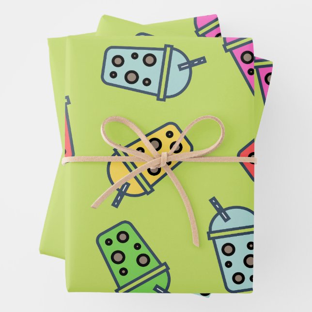 Boba Bubble Tea Pattern Wrapping Paper Sheets (In situ)