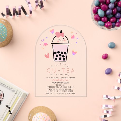 Boba Bubble Tea Pink Bow Girl Baby Shower Acrylic Invitations