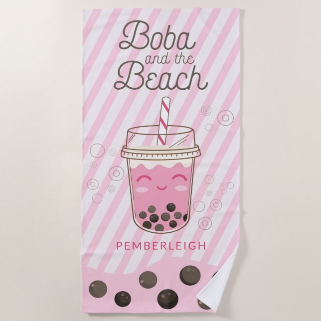 Boba Bubble Tea Pink Stripes Beach Towel (Front)