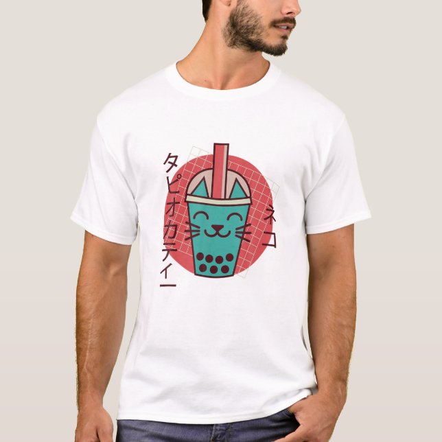 Boba Cat Drinking Boba Kitten Kawaii Japanese Kitt T-Shirt (Front)