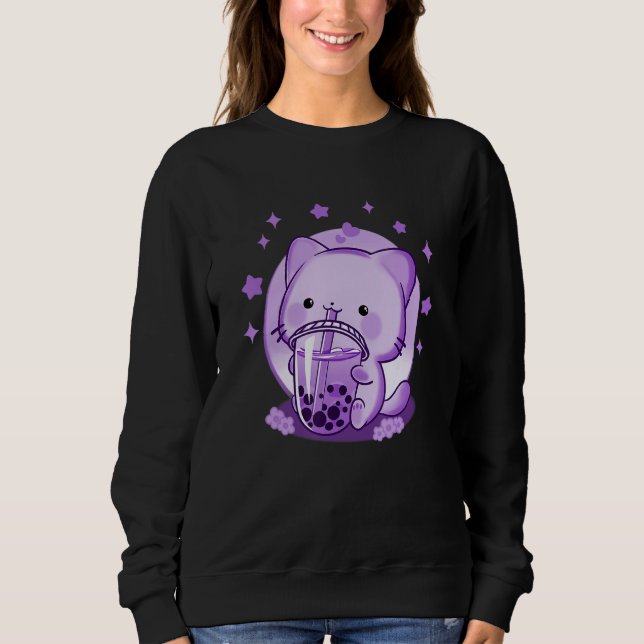 Boba Cat Drinking Boba Tea Cute Cat Japanese Funny Sweatshirt (Front)