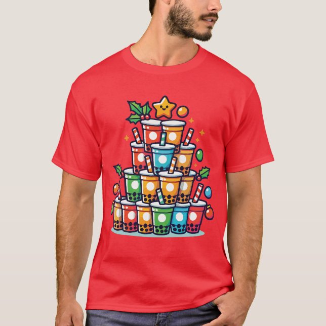 Boba Christmas Tree - Funny Bubble Tea Holiday T-Shirt (Front)
