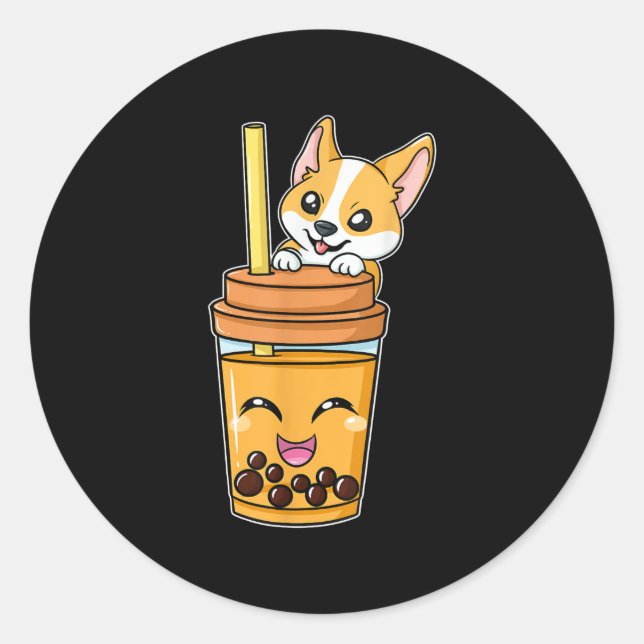 Boba Tapioca Pearls Bubble Milk Tea Drink Corgi Classic Round Sticker (Front)