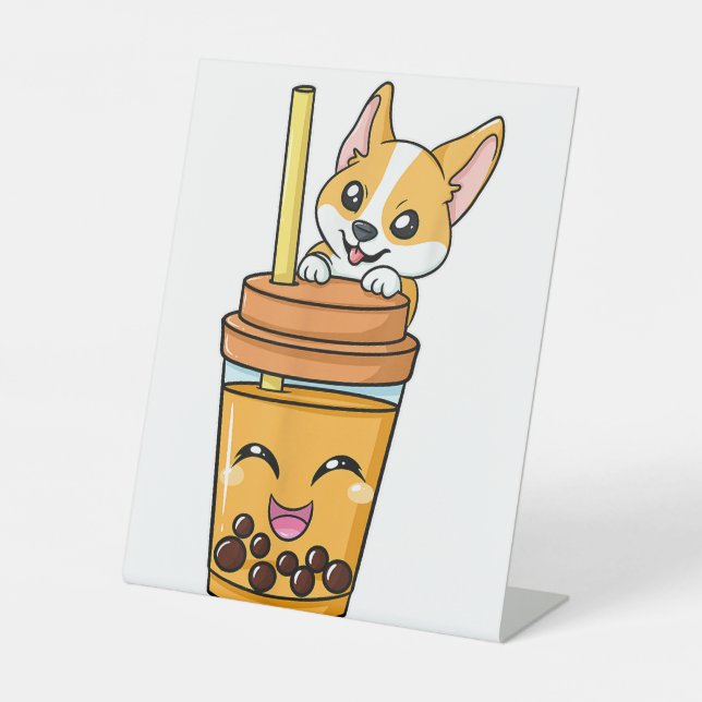 Boba Tapioca Pearls Bubble Milk Tea Drink Corgi Do Pedestal Sign (Front)