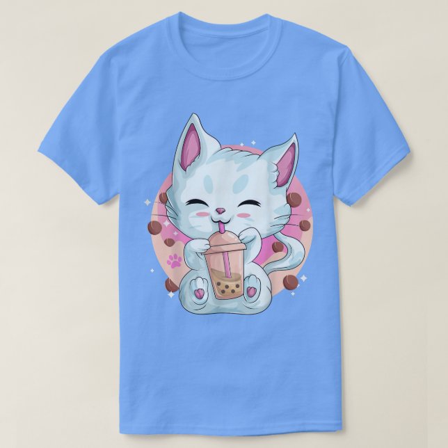 Boba Tea Cat Anime Shirts For Women, Kawaii Bubble (Design Front)