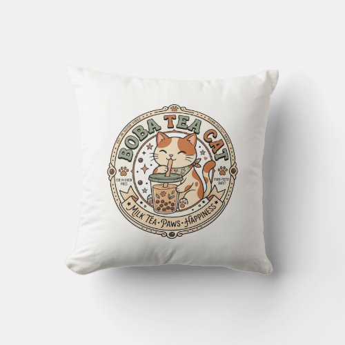 Boba Tea Cat Boba Tea Cat Vintage Vector Art Shirt Throw Pillow