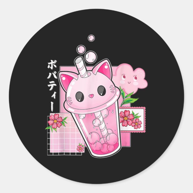 Boba Tea Cat Bubble Tea Kawaii Anime Japanese Girl Classic Round Sticker (Front)