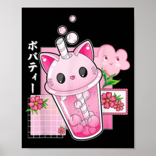 Boba Tea Cat Bubble Tea Kawaii Anime Japanese Girl Poster