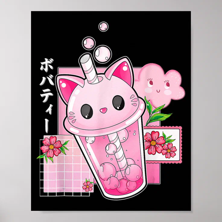 Boba Tea Cat Bubble Tea Kawaii Anime Japanese Girl Poster | Zazzle