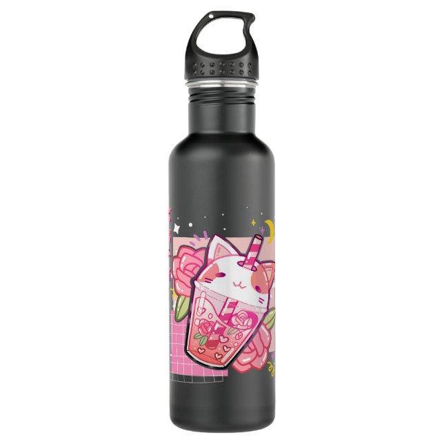 Boba Tea Cat Bubble Tea Kawaii Anime Japanese Girl Stainless Steel Water Bottle (Front)