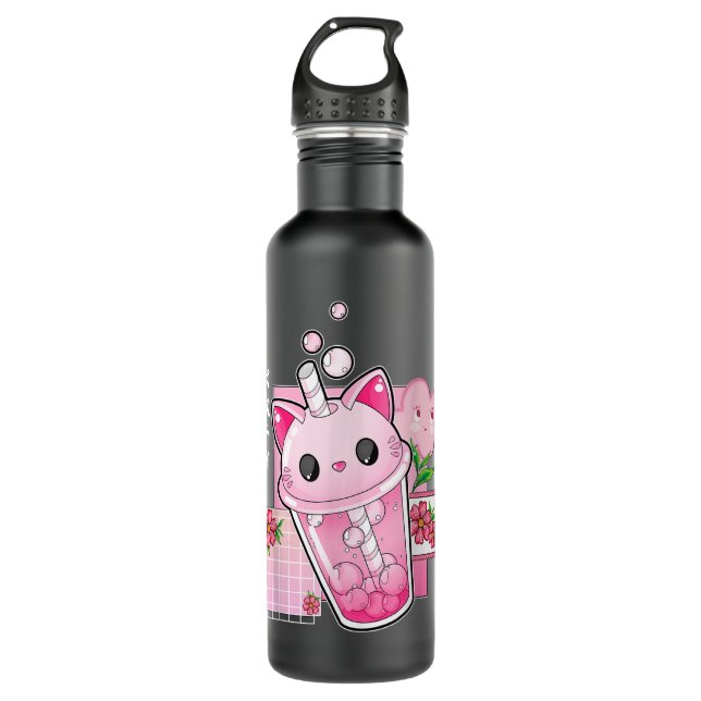 Boba Tea Cat Bubble Tea Kawaii Anime Japanese Girl Stainless Steel Water Bottle (Front)