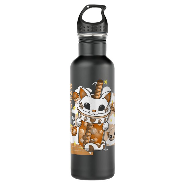 Boba Tea Cute Cat Bubble Tea Kawaii Anime Japanese Stainless Steel Water Bottle (Front)