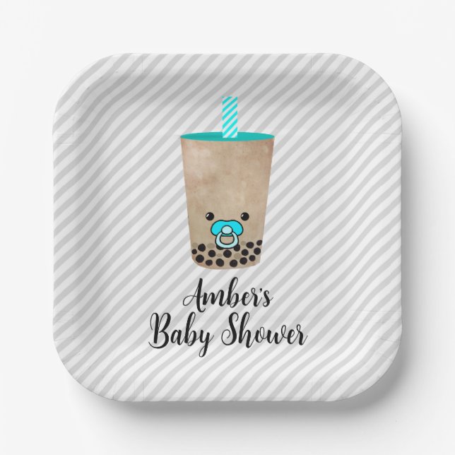 Boba Tea Inspired Customizable Baby Shower Paper Plates (Front)