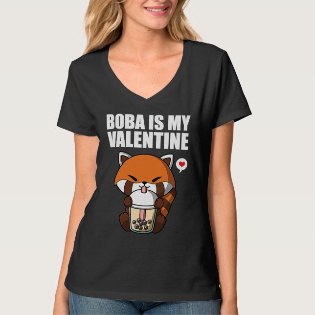 Boba Tea is My Valentine Red Panda Anti Valentines T-Shirt (Front)