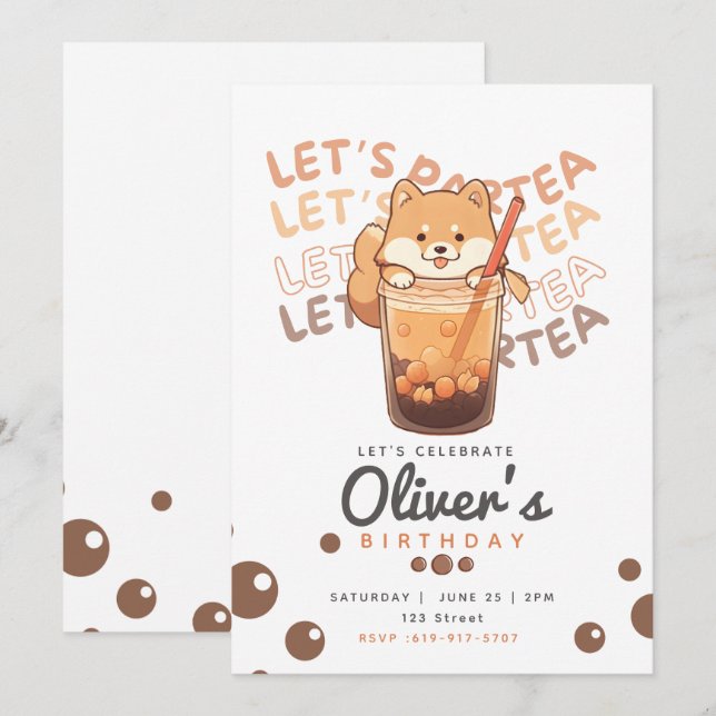 Boba Tea Shiba Inu Birthday Invitation (Front/Back)