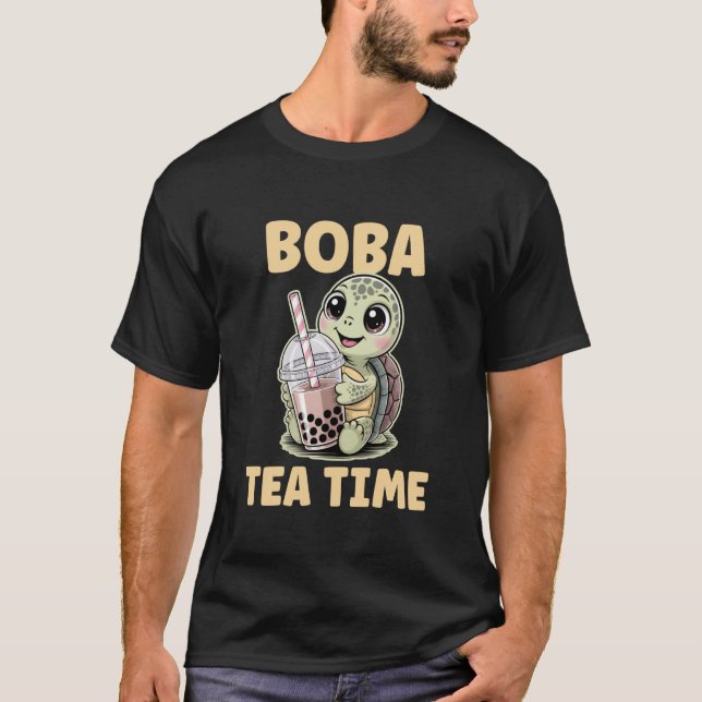Boba Tea Time Cute Kawaii Animal Turtle Drinking B T-Shirt (Front)