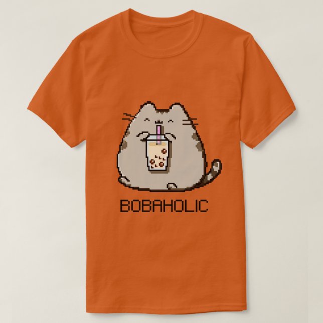 Bobaholic Pixel Chubby Cat Loves Boba Tea T-Shirt (Design Front)