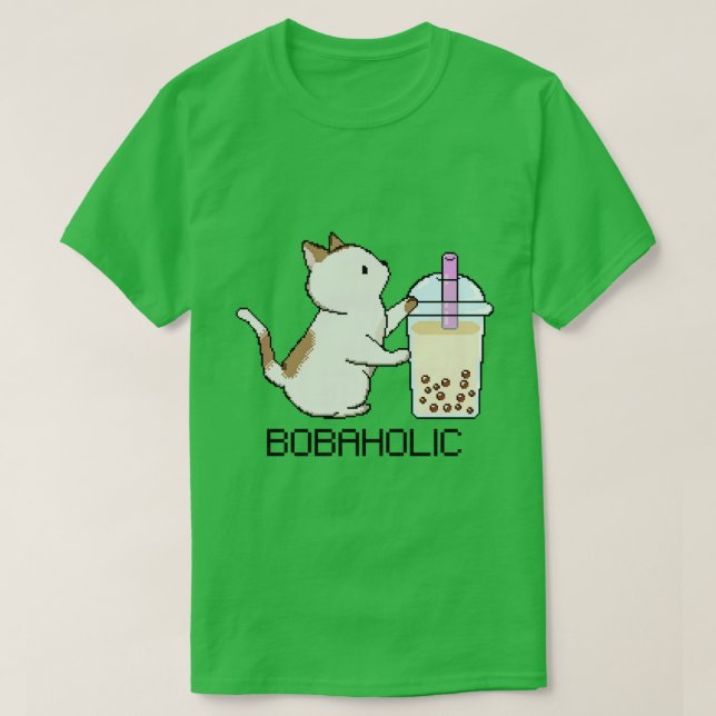 Bobaholic Pixel Kitty Loves Boba Tea T-Shirt (Design Front)