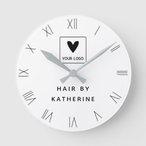 Bobby Pin Roman Numerals Hair Salon Name Logo Round Clock