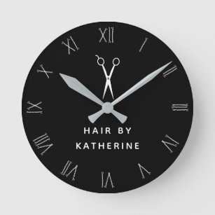Bobby Pin Roman Numerals Scissor Black Hair Salon Round Clock