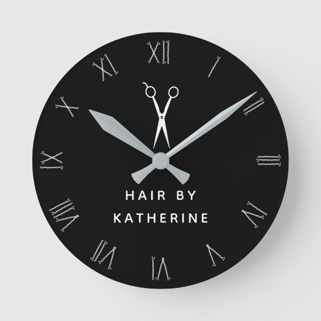 Bobby Pin Roman Numerals Scissor Black Hair Salon Round Clock (Front)