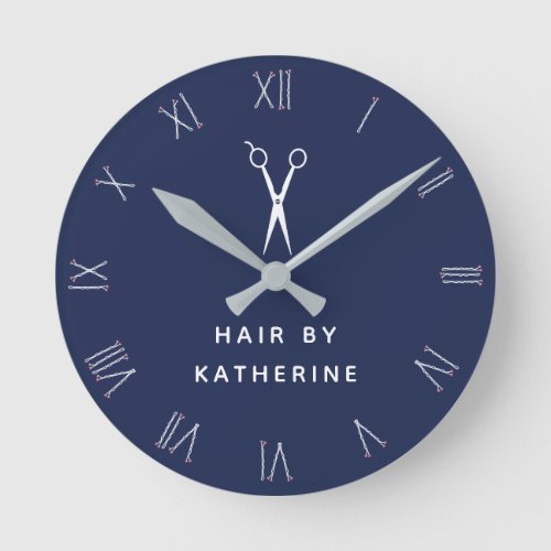 Bobby Pin Roman Numerals Scissor Navy Hair Salon Round Clock