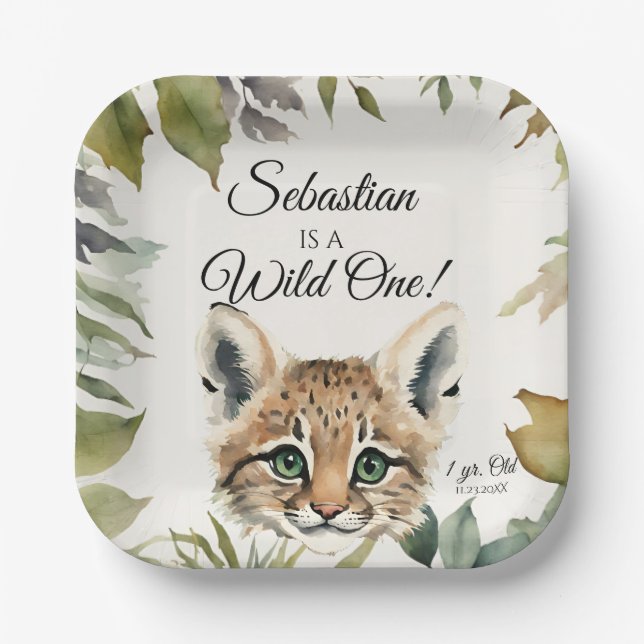 Bobcat Wild One Woodland Animal Birthday Party Paper Plates (Front)